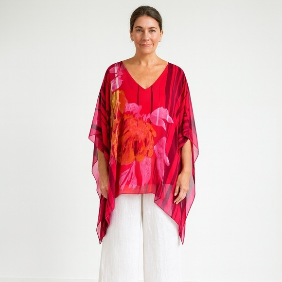 Colebrooke by Windsmoor Tops - Colebrooke by Windsmoor Red Floral Stripe Poncho Blouse Size Small Sheer Overlay